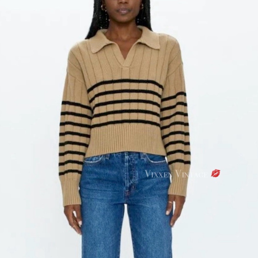 pistola Tan and Black Striped Collared V‑Neck Sweater